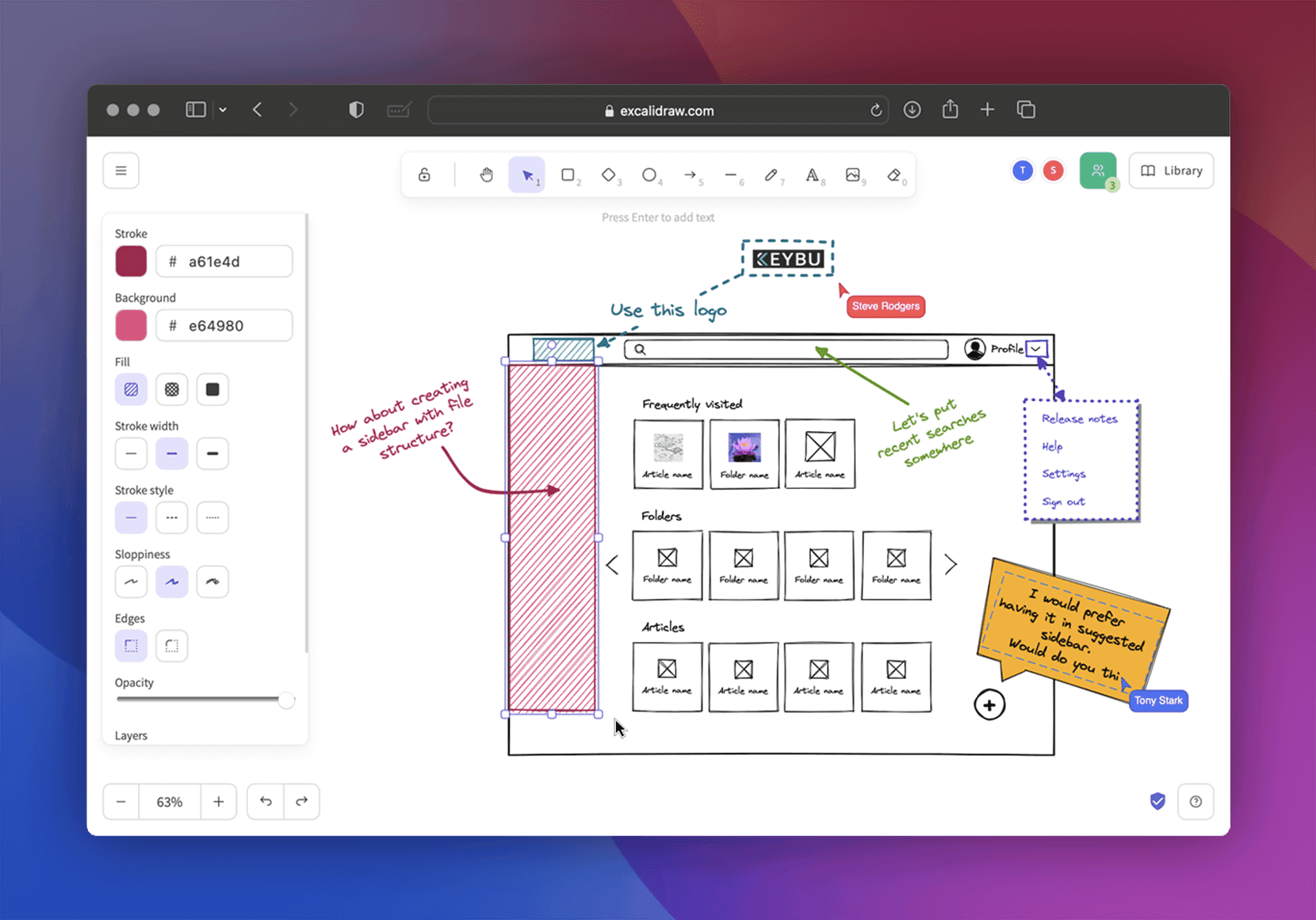 Excalidraw 官方产品展示图，展示手绘风格的图形、箭头、文字与白板编辑界面。
